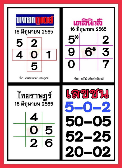 หวยไทย รวมหวยหนังสือพิมพ์ 16-6-65