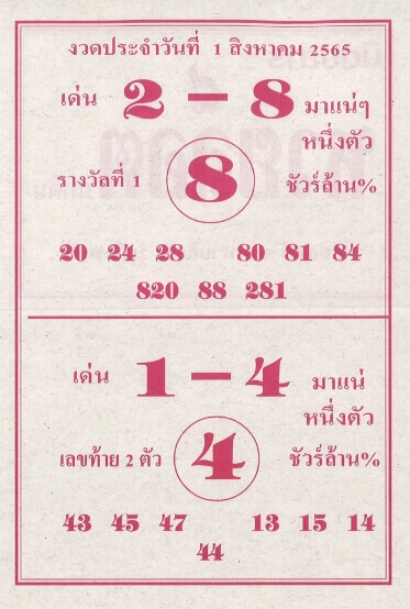 หวยไทย หวยล็อต1/8/65