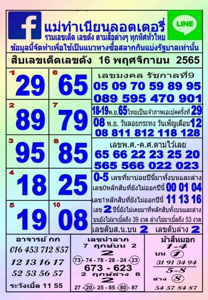 หวยไทย หวยแม่ทำเนียน16-11-65