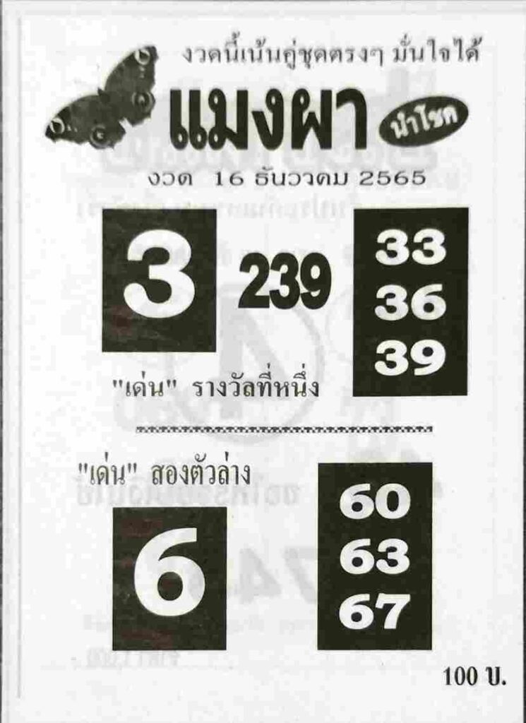 หวยไทย หวยแมงผา 16-12-65