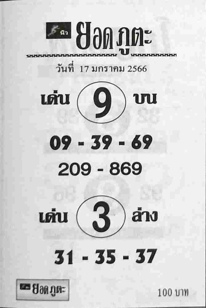 หวยไทย หวยยอดภูตะ 17-1-66