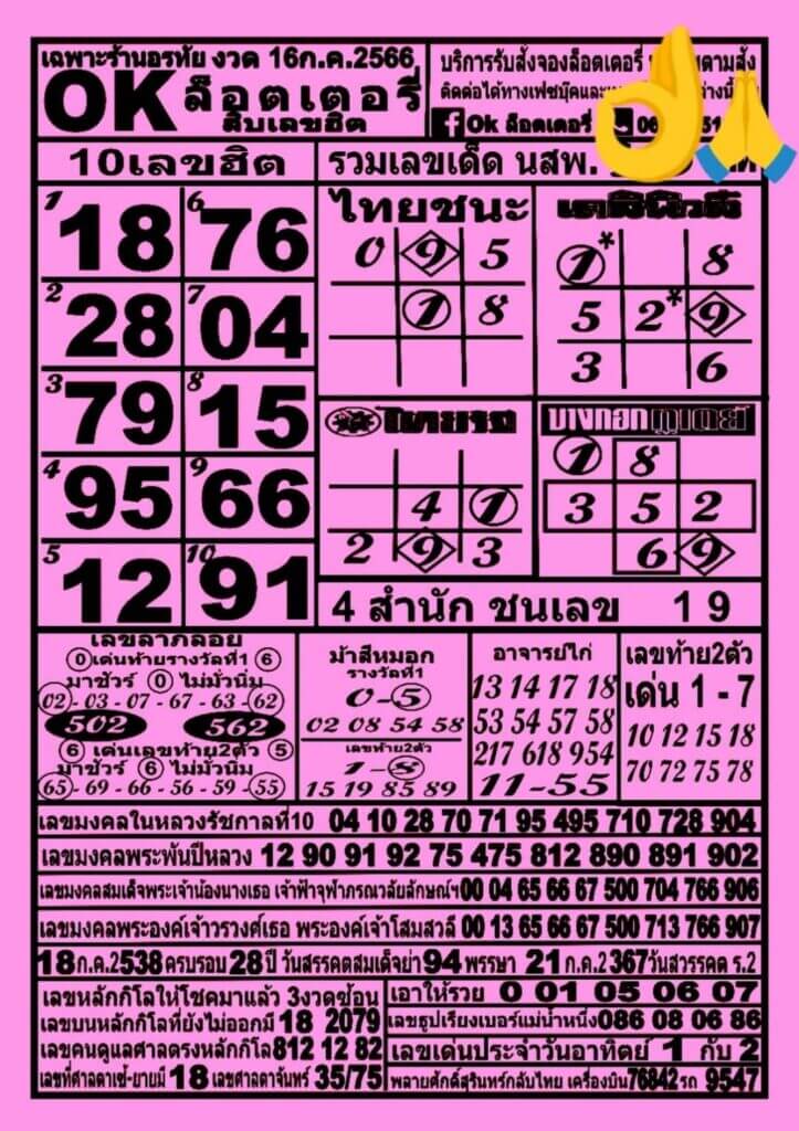 หวยOKลอตเตอรี่งวดนี้ 16-7-66